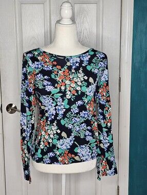 Long Sleeve Floral Crewneck Top in Navy